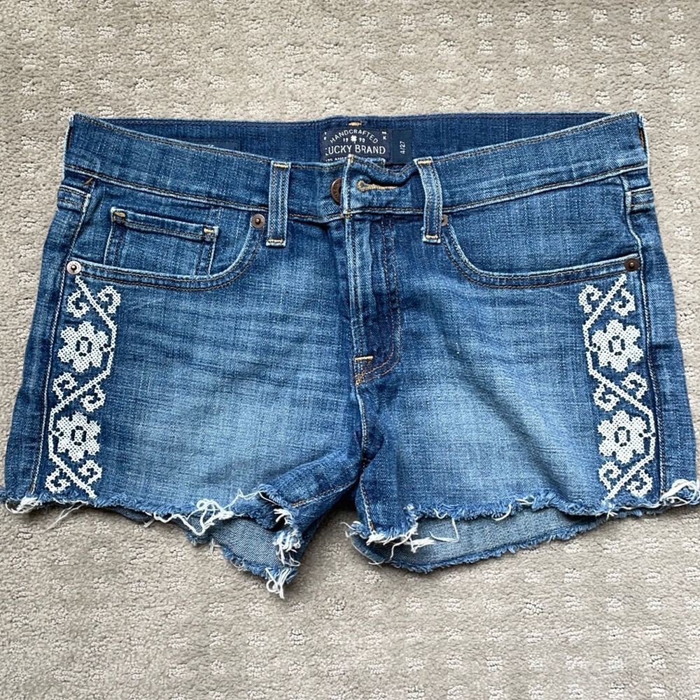 Lucky Brand cut off jean shorts with embroidered detail